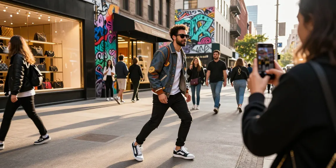 Trendy individual showcasing 명품 레플리카 sneakers in an urban street setting, capturing contemporary fashion style.