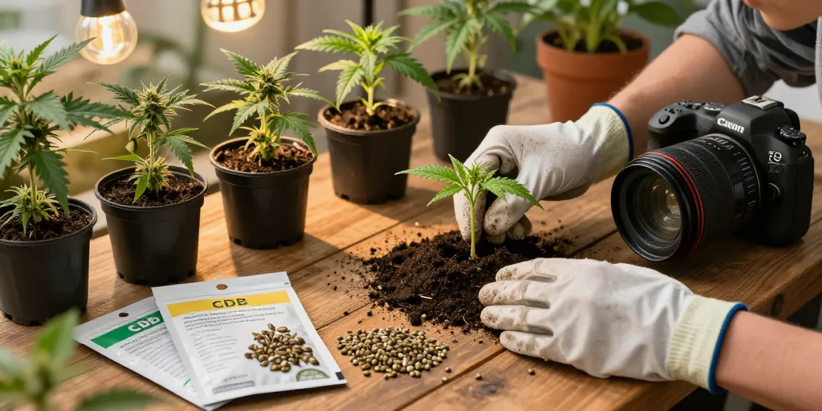 Gardener examining CBD seeds and seedlings on a wooden table, highlighting growth stages.