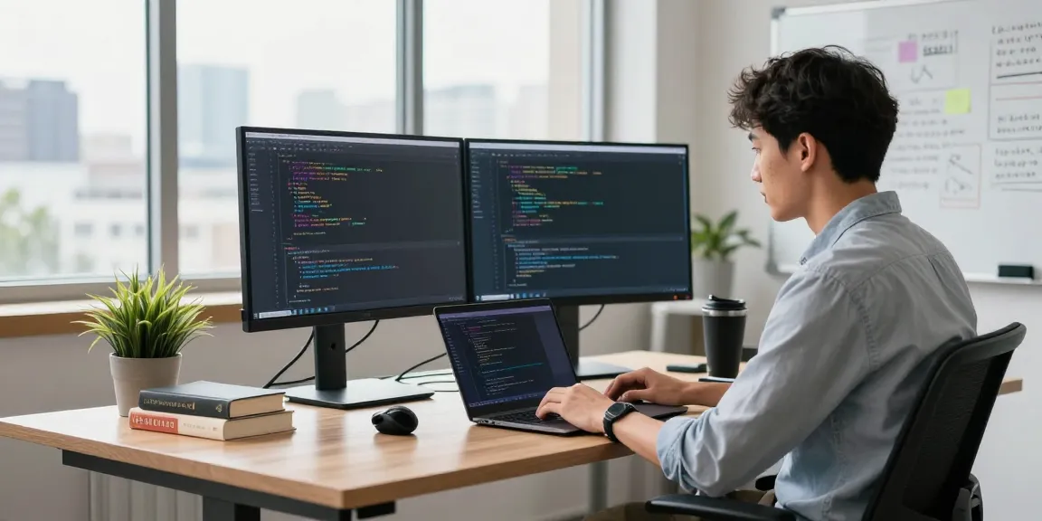 Developer using telegram中文版下载 in a modern workspace with dual monitors and natural light.