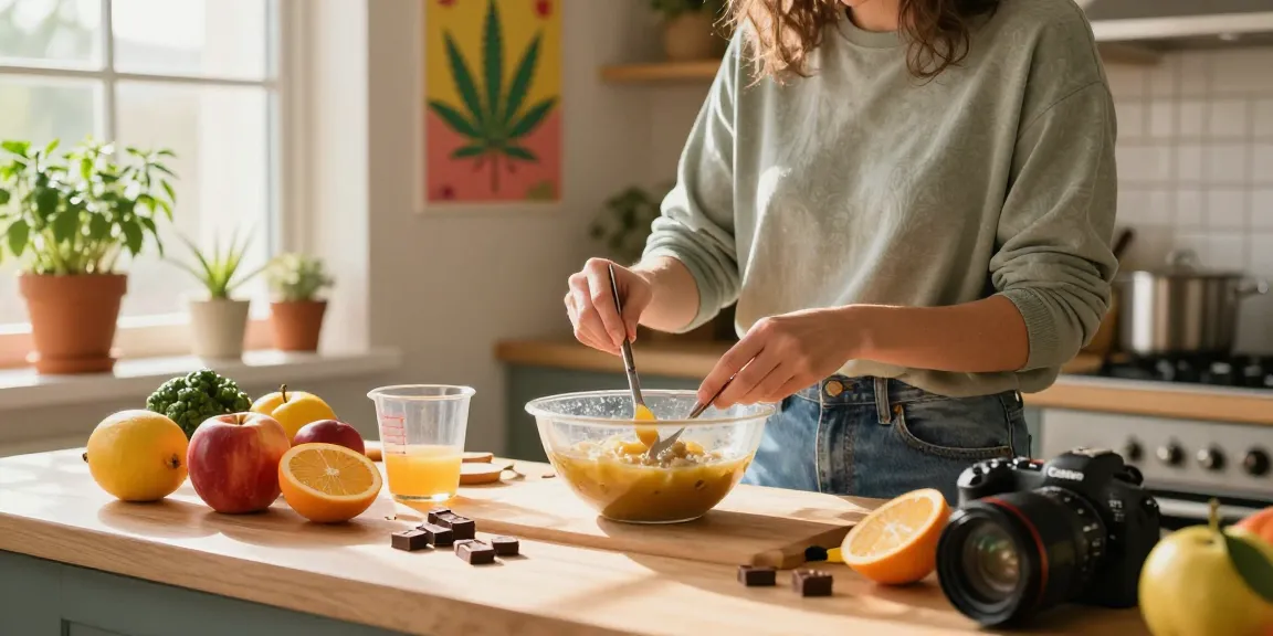 Creating thc edibles in a vibrant kitchen with colorful ingredients.
