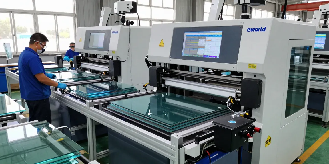 Eworld Machine advanced glass manufacturing setup with skilled workers and high-tech machinery.