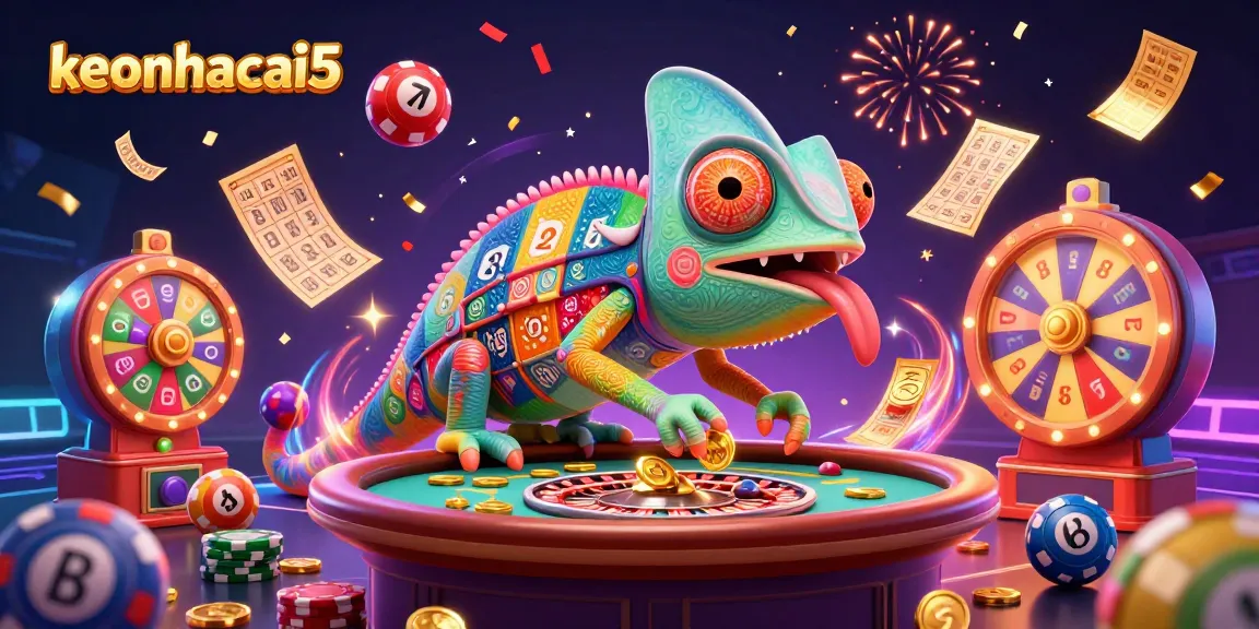 keonhacai5 chameleon casino owner snatching golden coins, surrounded by vibrant lottery elements
