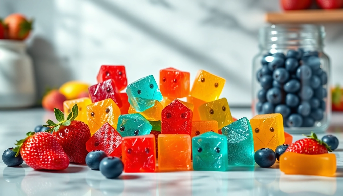 Showcase of vibrant Weed Gummies with fresh fruit, emphasizing their colorful texture and inviting appearance.