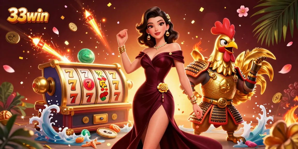 Win big at 33win with dynamic slot reels, celebrating your gaming victories in a vibrant casino atmosphere.