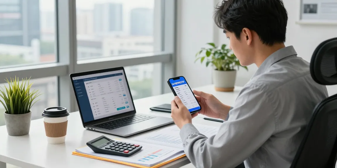 Finance professional analyzing 소액결제현금화 data in a modern workspace with financial reports and smartphone.