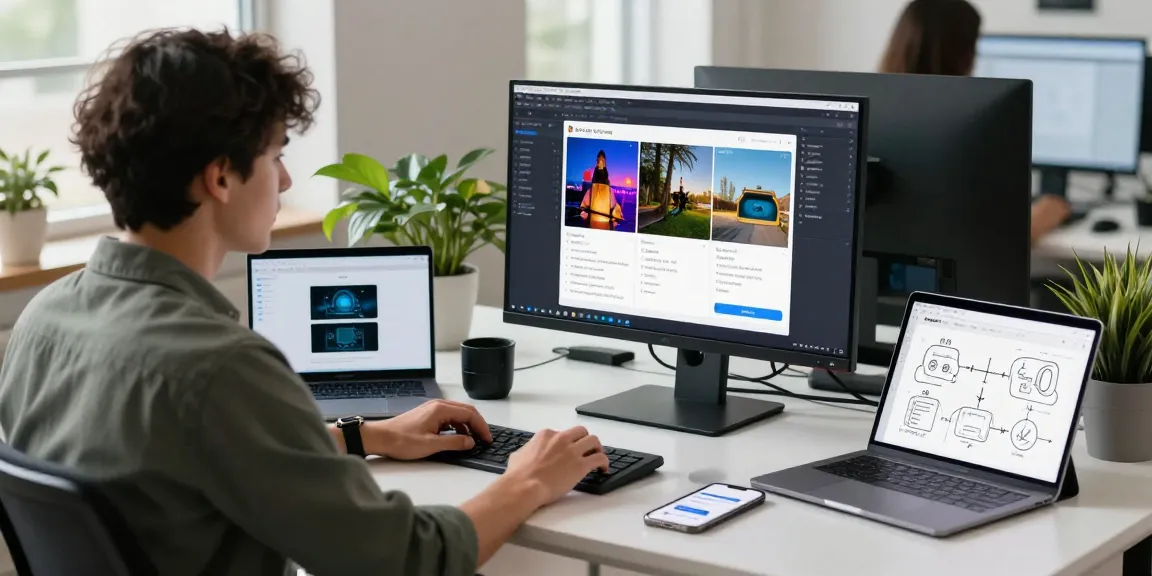 AI detector tool in a tech workspace with vibrant analysis results and an engineer engaged in AI development.