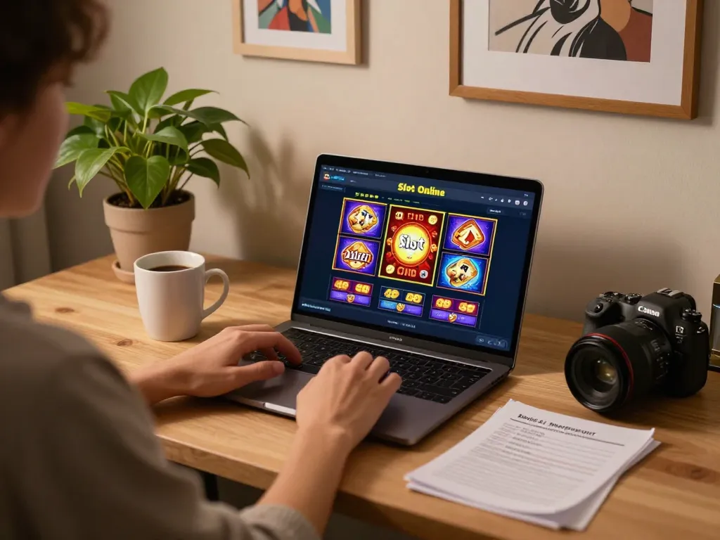Engaging in Slot Online gameplay at home with a cozy setup and strategic notes.