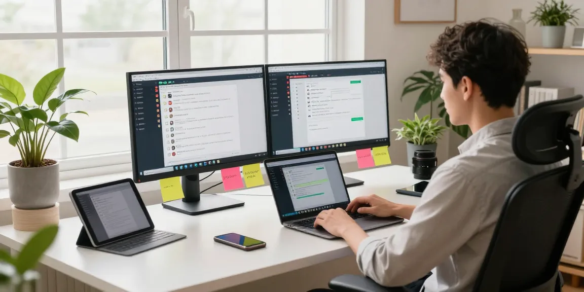 Using WhatsApp電腦版 on a modern home office setup with dual monitors and stylish decor.