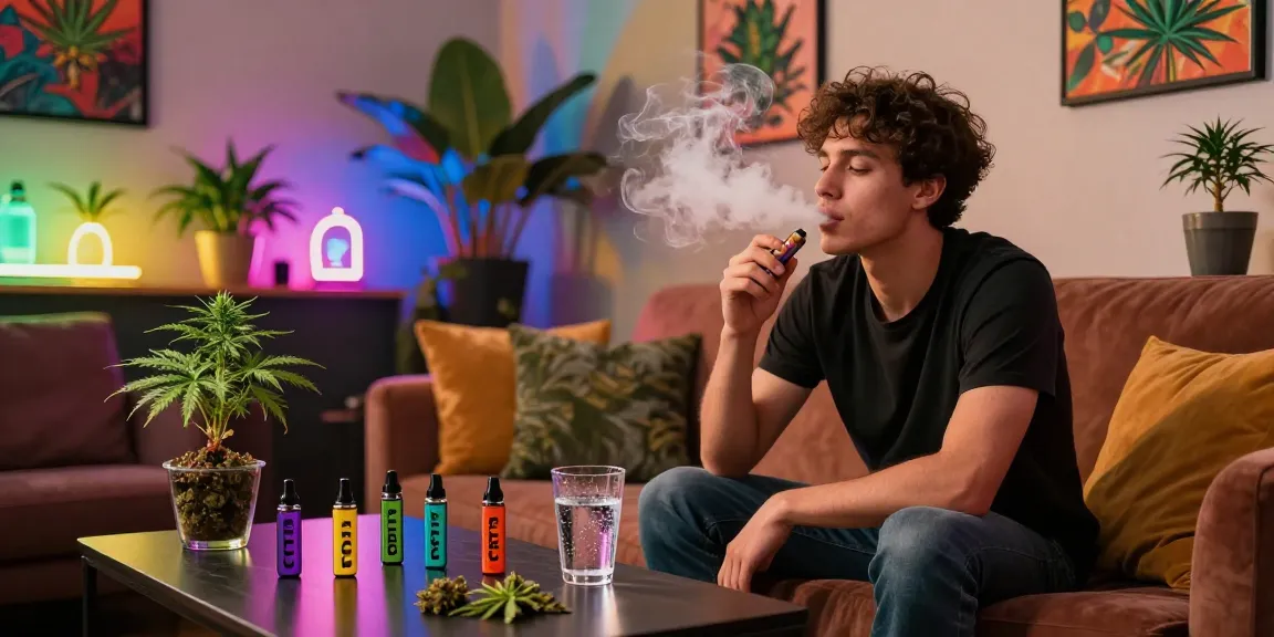 Individual exhaling vapor from weed vape cartridges in a cozy urban lounge, surrounded by cannabis plants and decor.