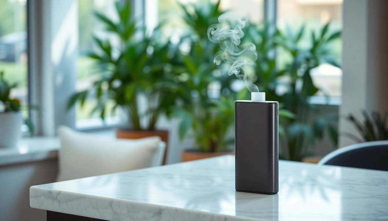 Showcasing a cannabis vape device emitting vapor in a sleek, modern environment.