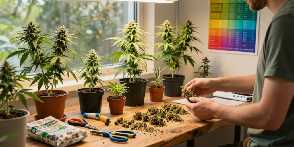 Feminized seeds laid out in a grower's workspace with cannabis plants and tools.