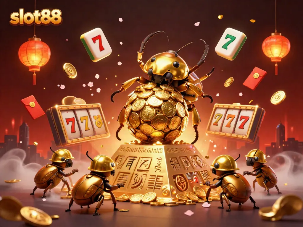 Spin and win with slot88 in a vibrant 3D illustration showcasing a golden beetle and casino elements.