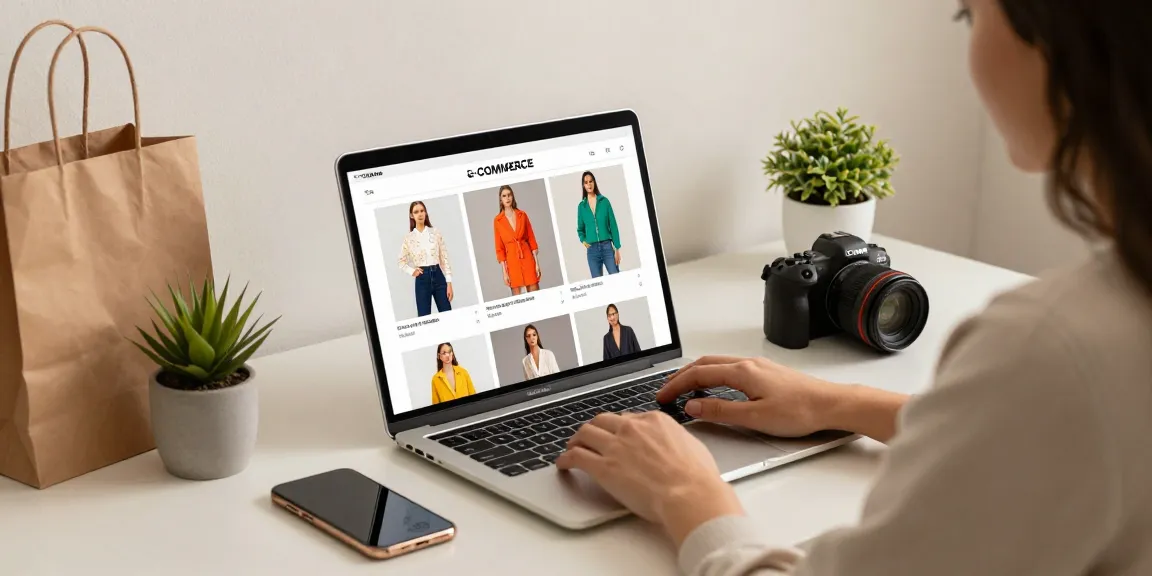 Woman browsing high-end fashion on https://shs-dome5.com/ in a stylish workspace.