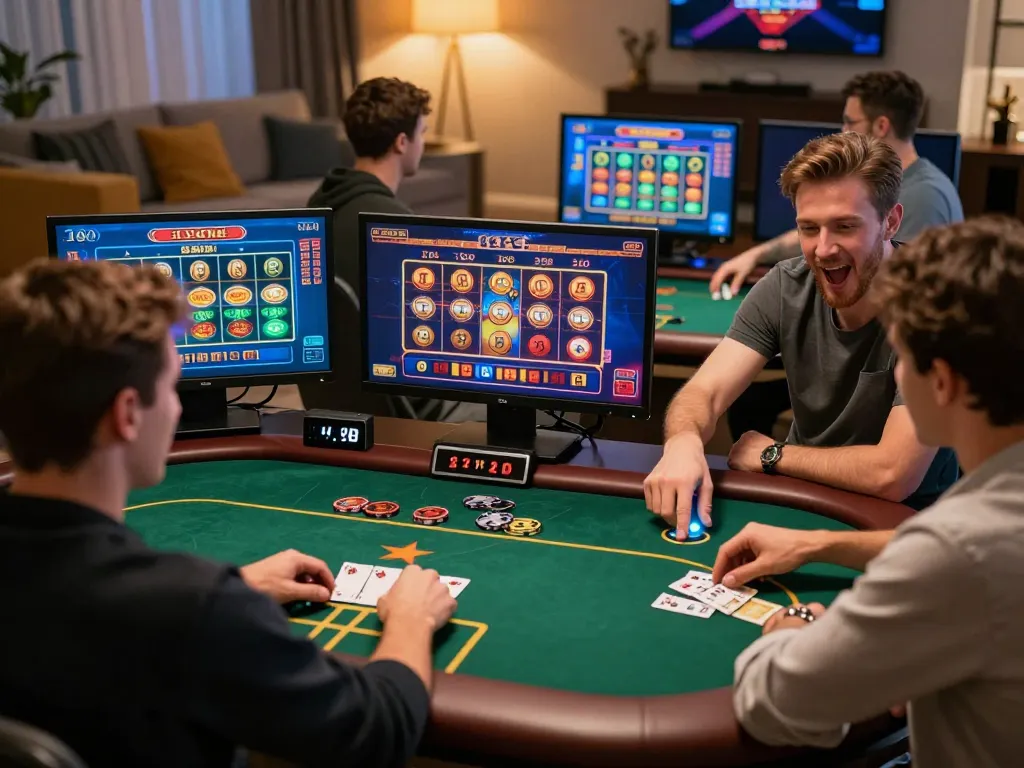 Engaged players enjoying fly888 casino games in a stylish home environment, showcasing live dealer gaming.