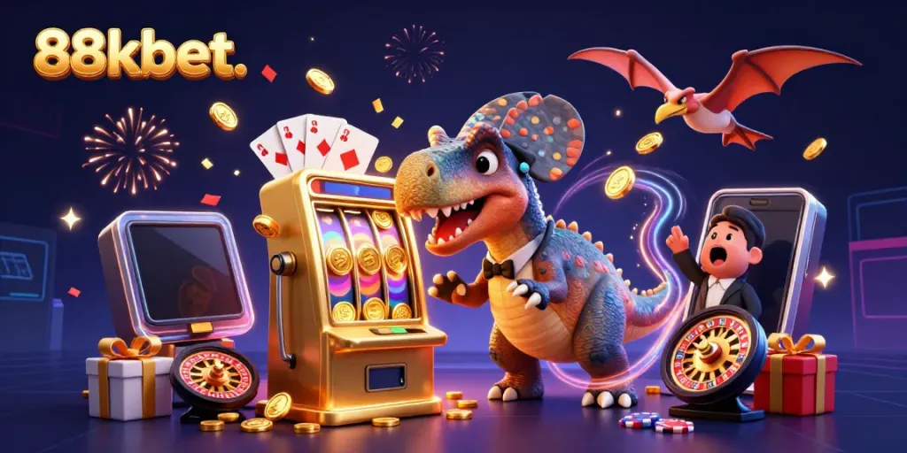 88kbet. pachycephalosaurus triggers a jackpot at a golden slot machine, with casino elements and excitement.
