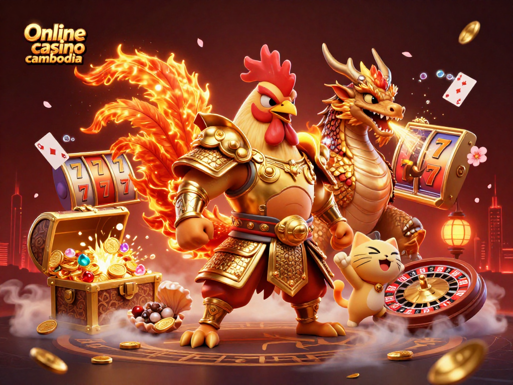 Experience the excitement of Online casino cambodia with captivating games and characters in a vibrant scene.
