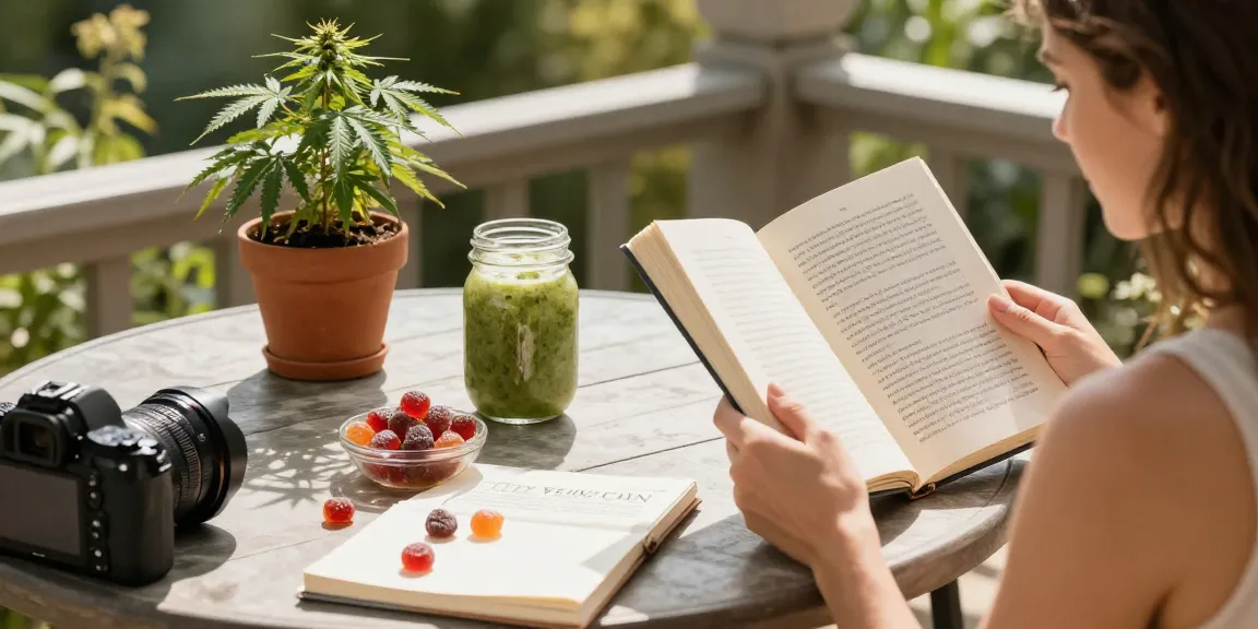 THC edibles UK wellness scene with CBD gummies, fresh smoothie, and a health journal emphasizing natural self-care.