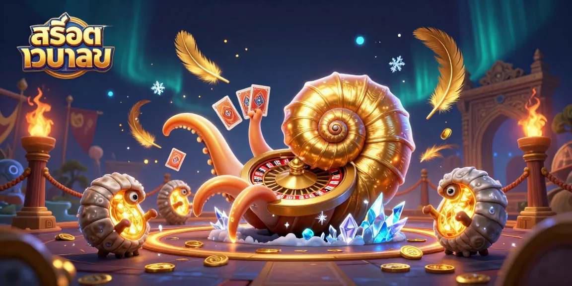Play สล็อตเว็บตรง with exciting visuals of a giant nautilus as a roulette wheel, cards in tentacles, and coins flying.