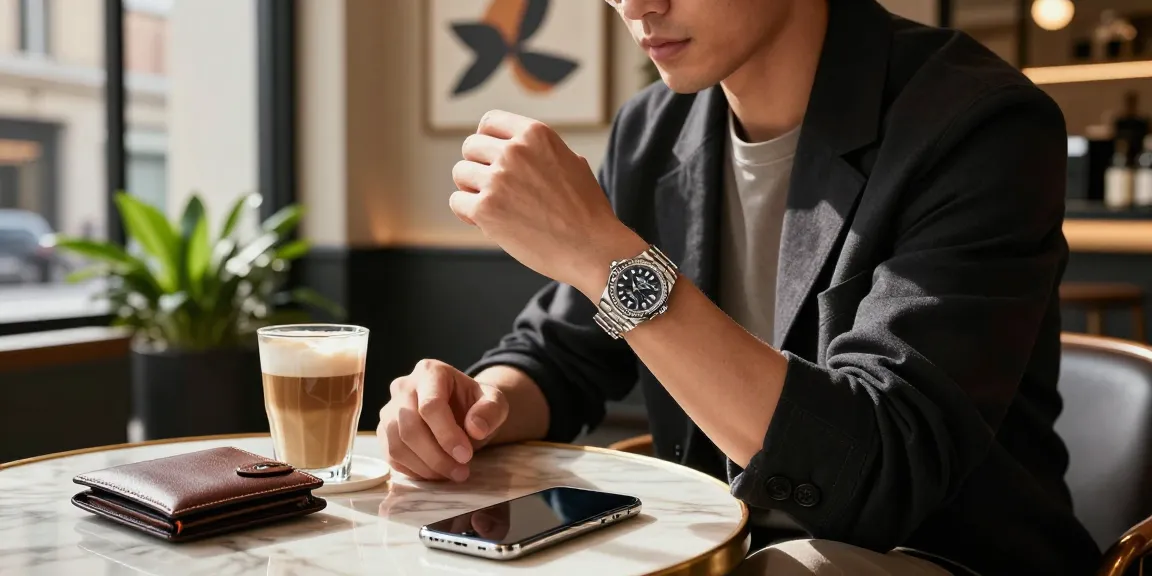 Person admiring a rolex replica watch in a stylish café setting, highlighting luxury and sophistication.