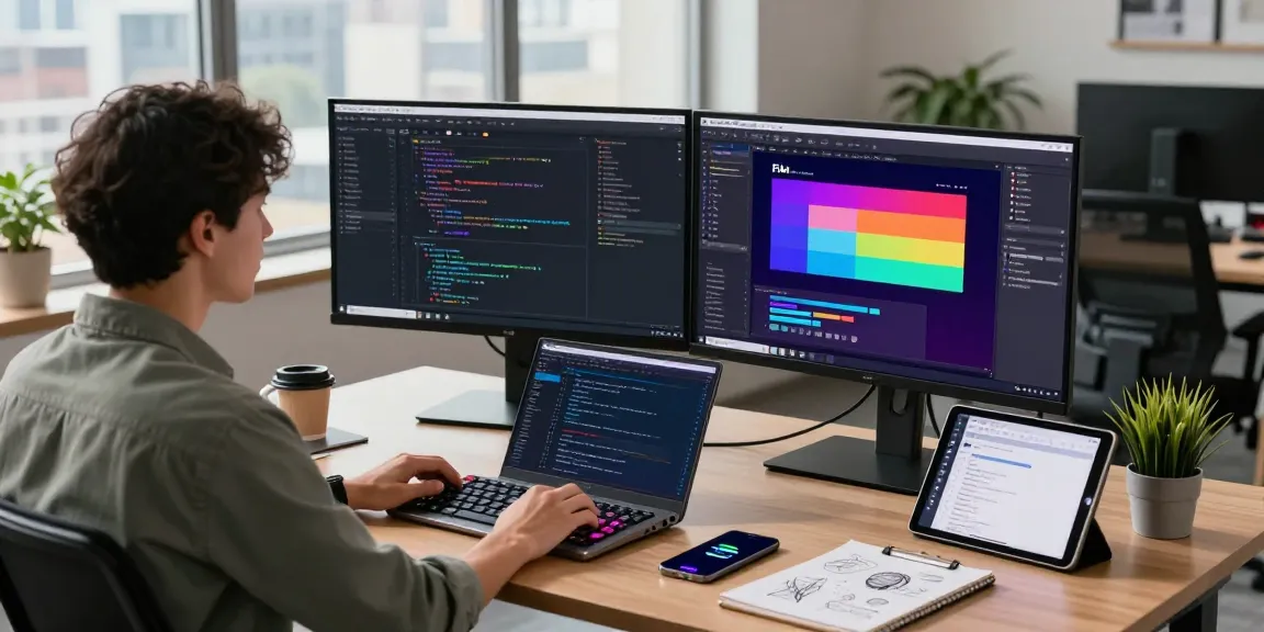 Professional workspace with dual monitors displaying coding and UI design for telegram中文版下载