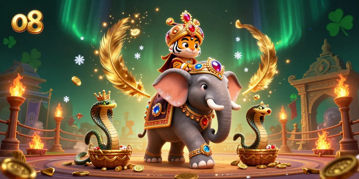 Experience the excitement at o8, featuring a vivid scene with a maharaja tiger and a jewel-encrusted elephant.