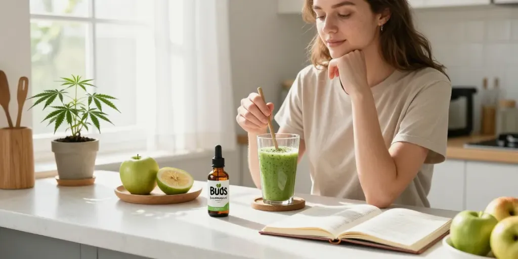 Buds StarDawg CBD oil tincture featured in a healthy morning wellness routine with fresh ingredients and hemp plant.