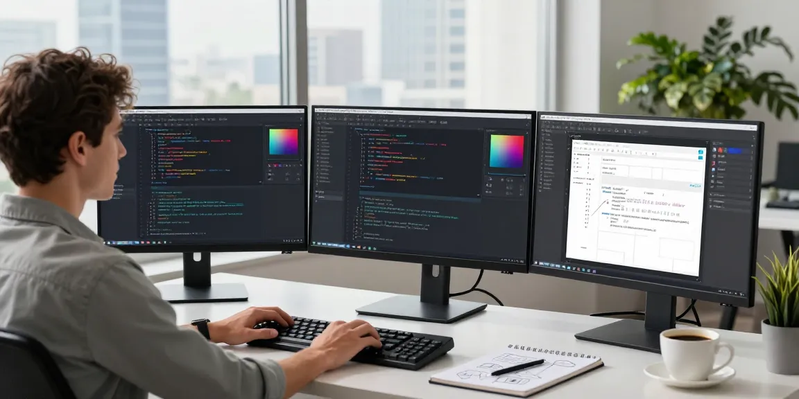 Efficient workspace showcasing Snipaste官网 tools in action, featuring a developer annotating on multiple monitors.