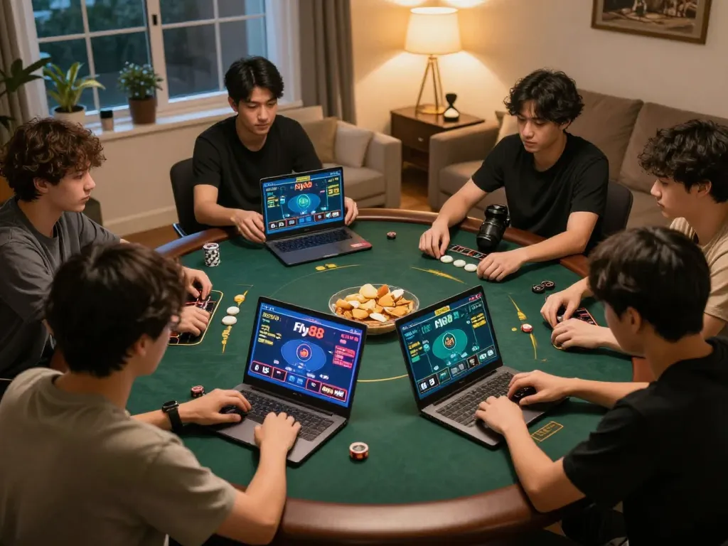 Experience the excitement of đăng ký fly88 while enjoying online poker with friends in a cozy living room.