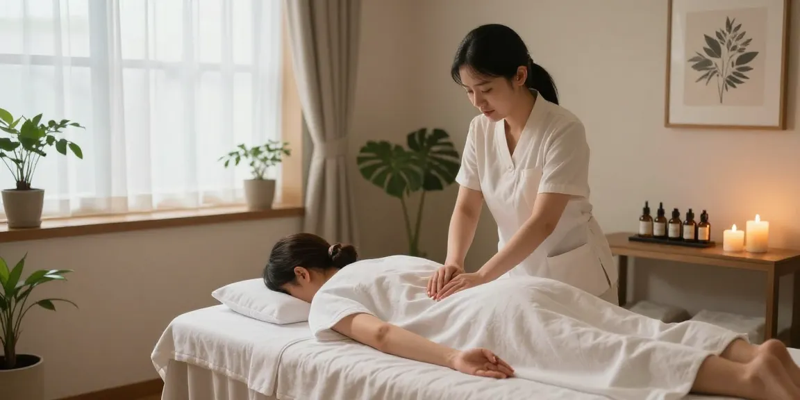 Calming 창원마사지 session in a serene spa environment with soft lighting and relaxing atmosphere.