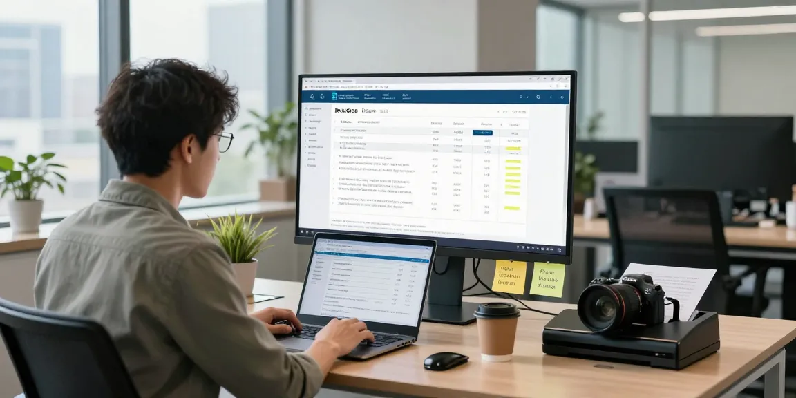 Detect fraud invoice analysis in a modern office with data visualizations and focus on advanced technology.