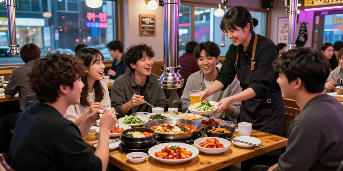 Friends enjoying delicious 상봉동 한국관나이트 dishes in a vibrant restaurant, showcasing Korean culture.