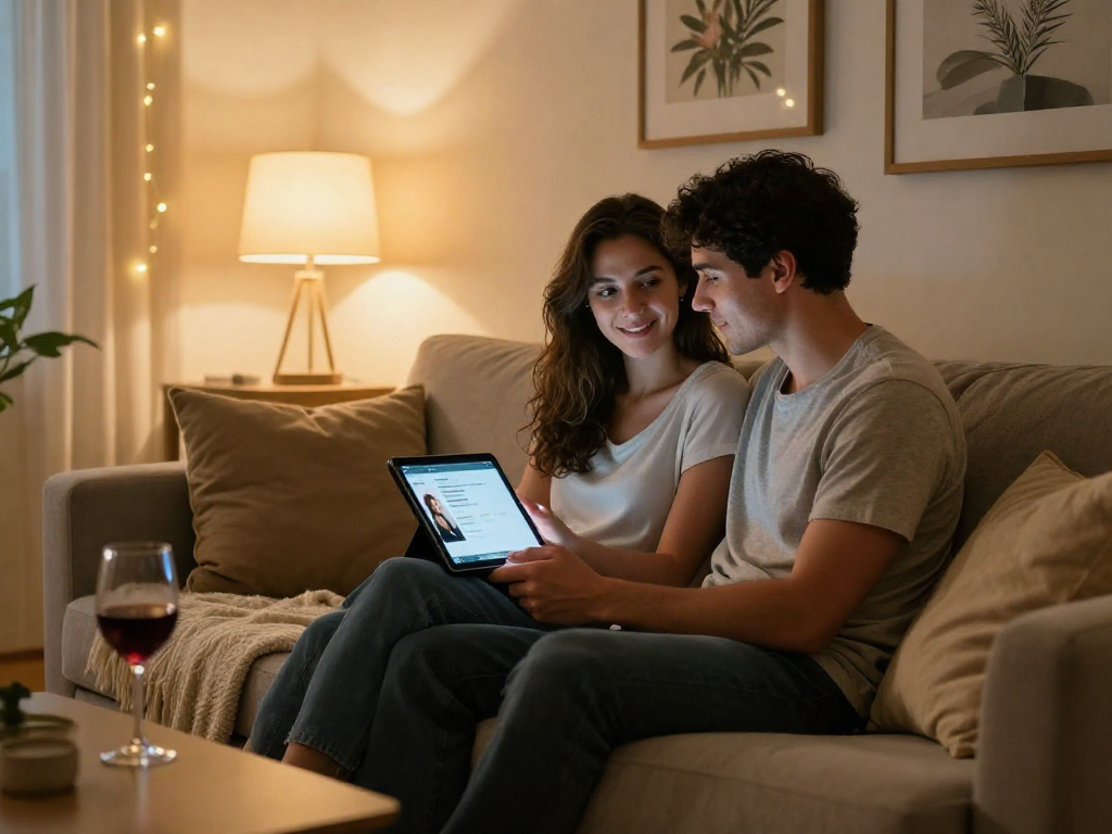 Couple enjoying a sex AI chat on a tablet in a cozy living room.
