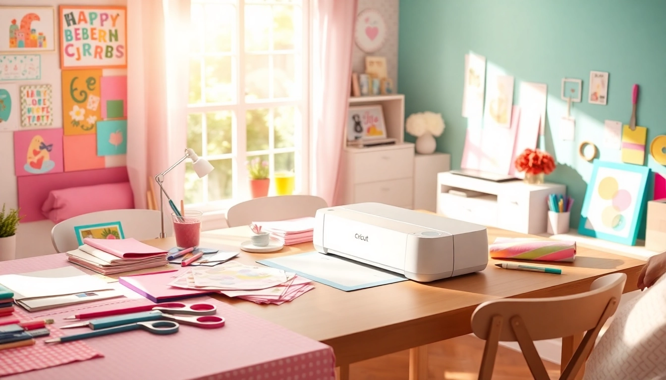 Cricut for beginners: A bright crafting workspace showcasing a beginner-friendly Cricut machine and vibrant crafting materials.