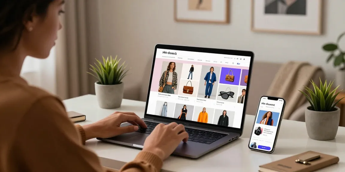 Individual exploring shs-dome5.com for trendy replica fashion accessories in a stylish home office setting.