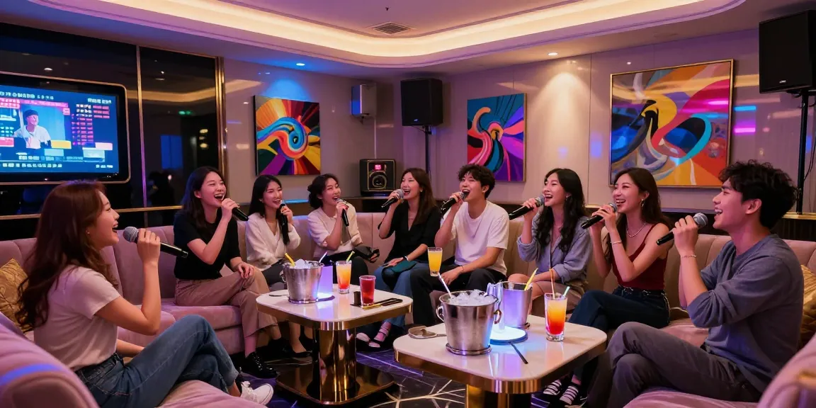 Experience the vibrant atmosphere of 강남가라오케 with friends enjoying drinks in luxurious private rooms.