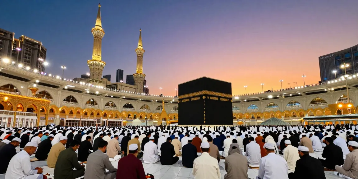 A heartwarming Umroh Ramadhan experience with pilgrims enjoying Iftar in Mecca's sacred atmosphere while planning their travel adventures.