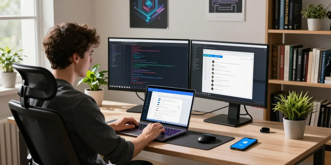 Developer using the Telegram Web Version on a laptop in a modern workspace.