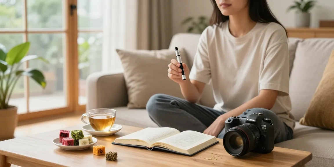 Proper loud THC vape pen in a cozy living room highlighting natural wellness with herbal tea and infused edibles.