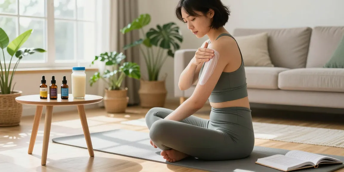 Creación de contenido de marketing con crema CBD aplicada para alivio muscular en un ambiente saludable y natural.