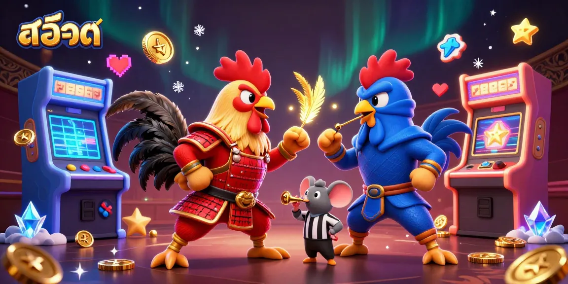 Engage in thrilling สล็อต adventures with animated fighting roosters in a casino setting.