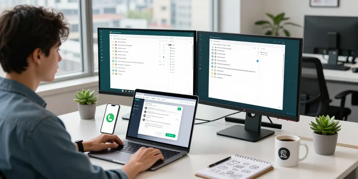 Using WhatsApp電腦版 on dual monitors in a modern office workspace