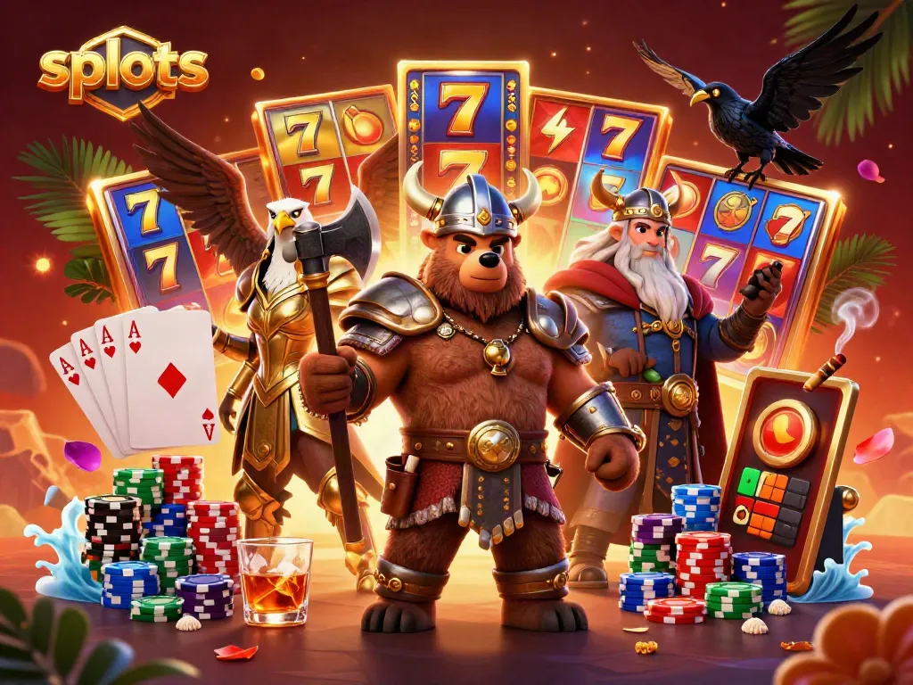 Spin slots with a Viking berserker bear and Valkyrie eagle in a vibrant casino scene.