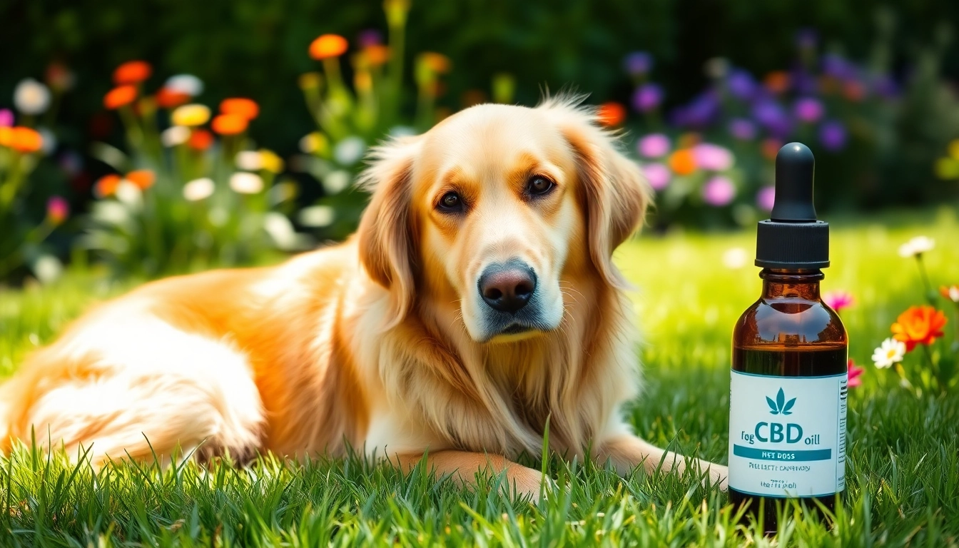 CBD Oil For Dog beside a serene golden retriever in a sunny garden environment.