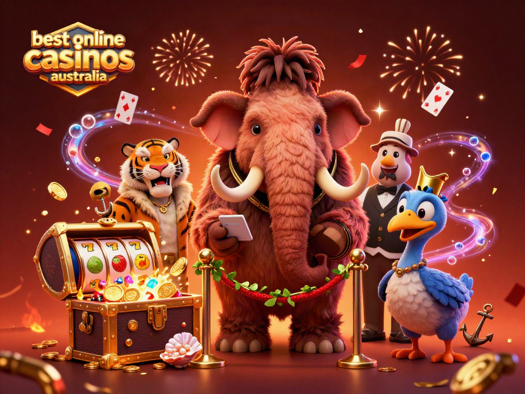 Engage with the best online casinos Australia's vibrant scene featuring a bouncer, VIP guest, and doorman amid treasures and slots.