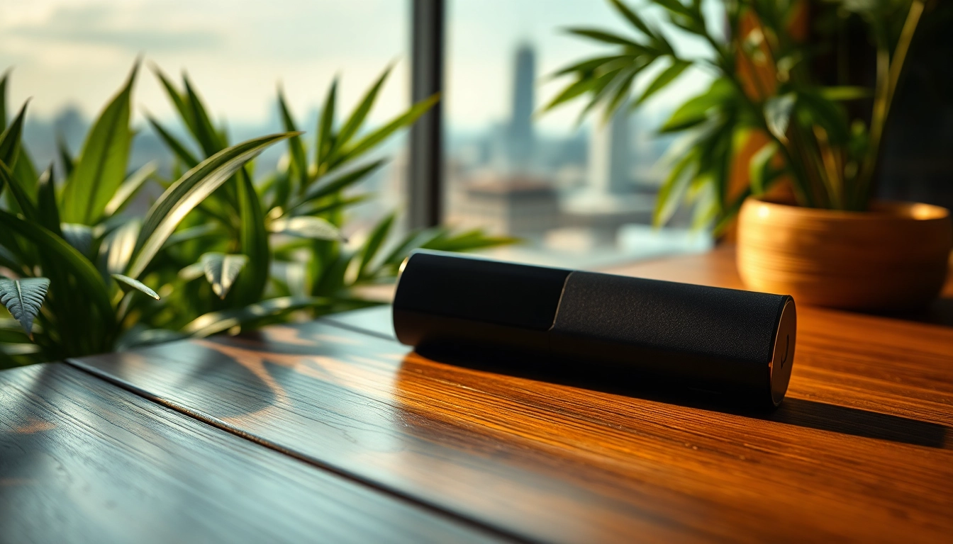 THC VAPE Gerät stilvoll auf einem Holztisch präsentiert mit natürlichem Hintergrund.
