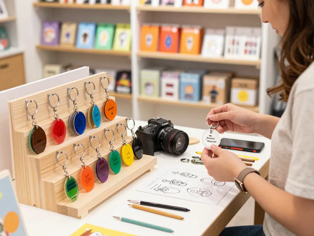 Explore unique customized keychain designs displayed on a vibrant retail table, engaging a customer in personalization.