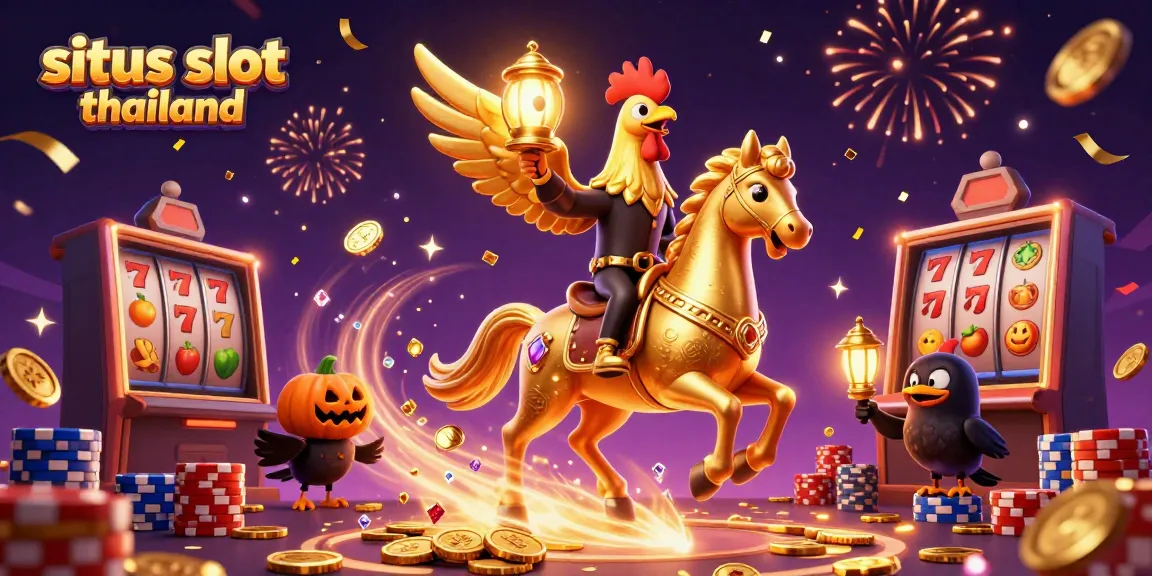 Engage with situs slot thailand through vibrant slot reels and a golden rooster in a casino scene.