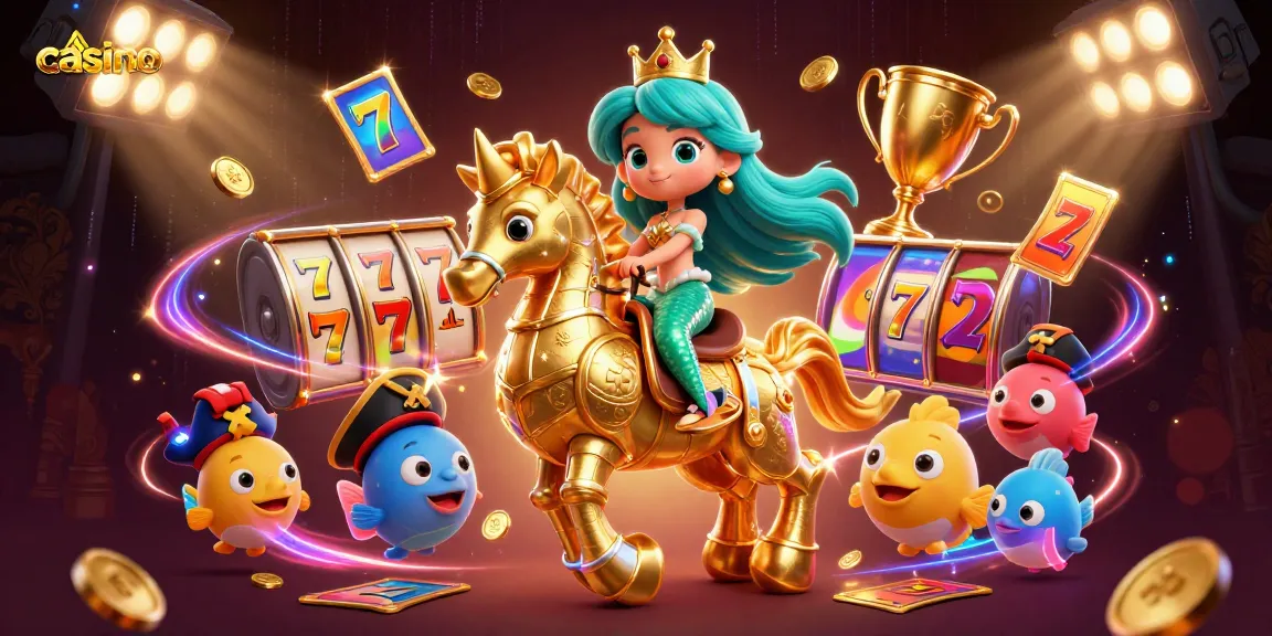 Experience the vibrant casino scene with mermaid princess and seahorse amid slot reels and gold coins.