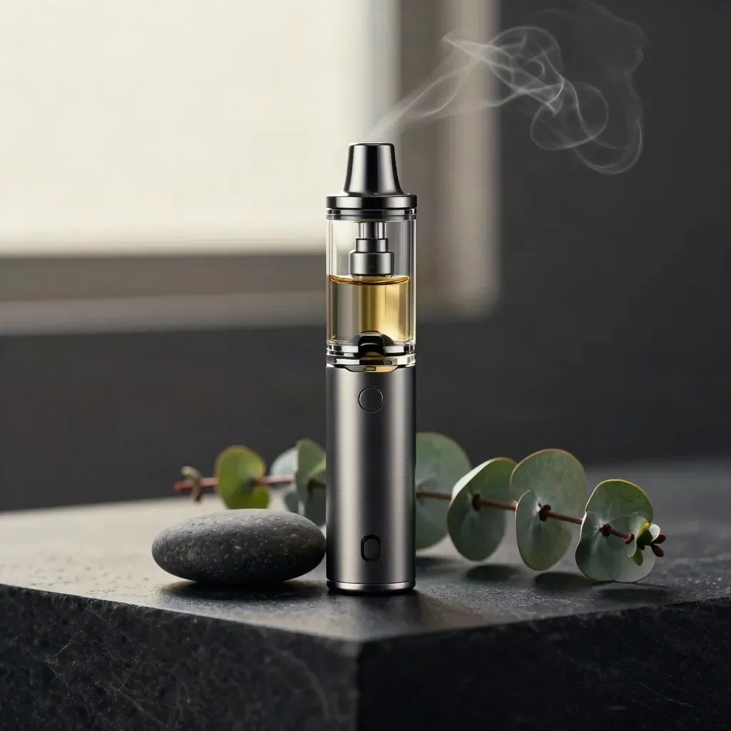 Clear vape cartridge with battery, pebble and eucalyptus on dark stone with thin vapor