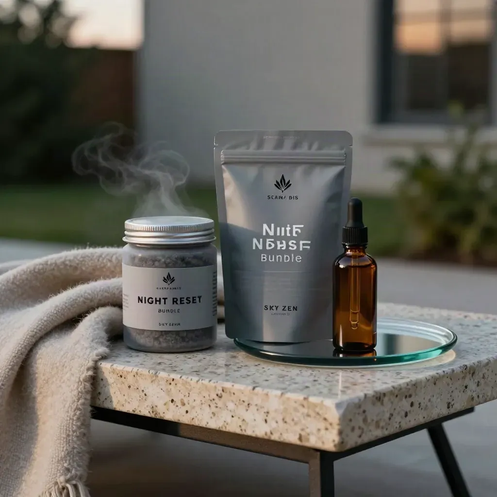 Night Reset Bundle on a travertine bench with jar, gummies, tincture, and a lifted wool throw at dusk.